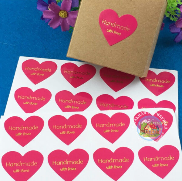 Наклейки у вигляді серця “Handmade with love” (32*28 мм)