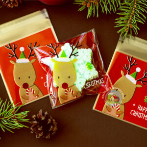Целофановий пакетик “Happy Christmas/Оленя” з клейкою стрічкою, 10*10 cм + 3 см